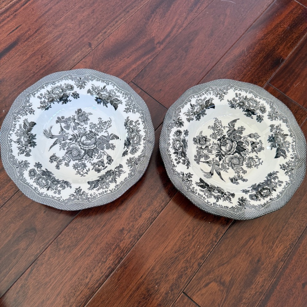 Johnson Bros Asiatic Pheasant Rim Soup Bowls Set 2 Black Floral 10" Cottage